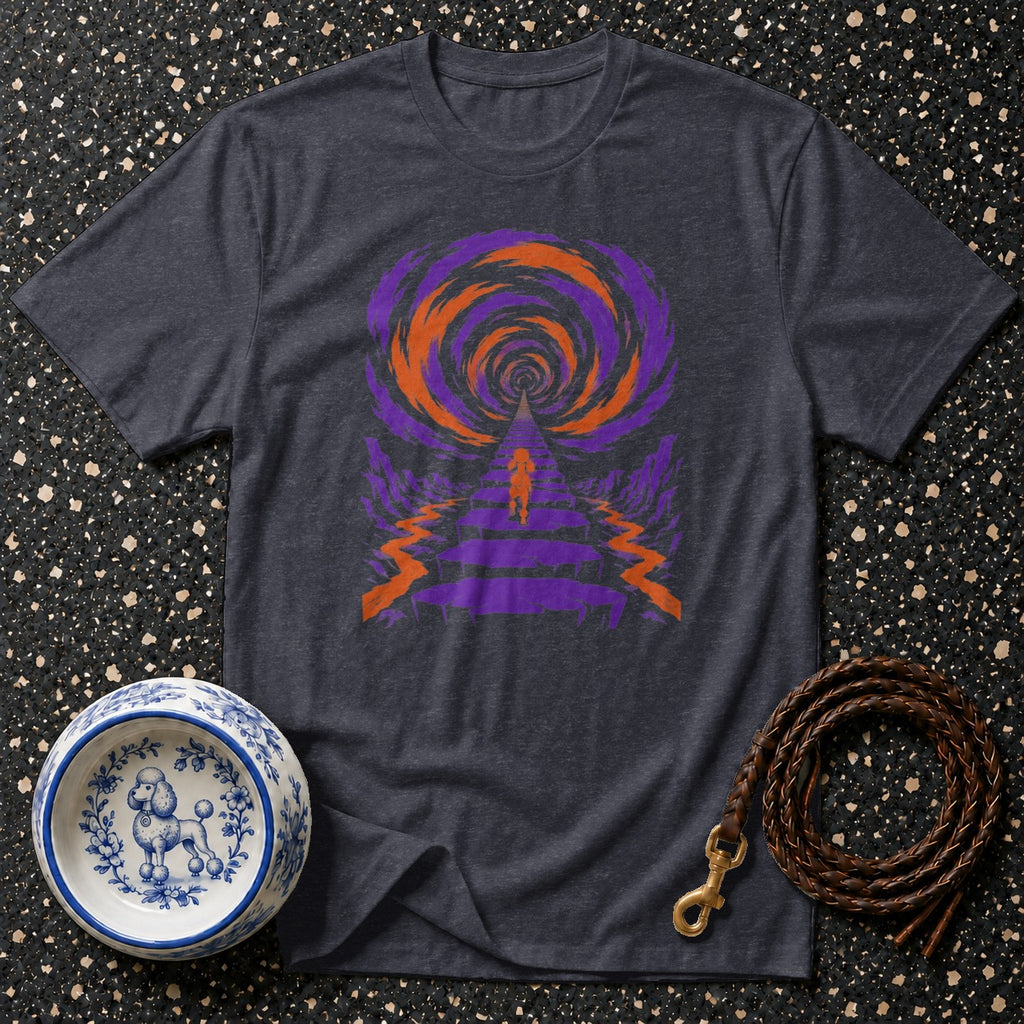 Dark t-shirt with purple and orange swirling portal graphic and a figure walking away.