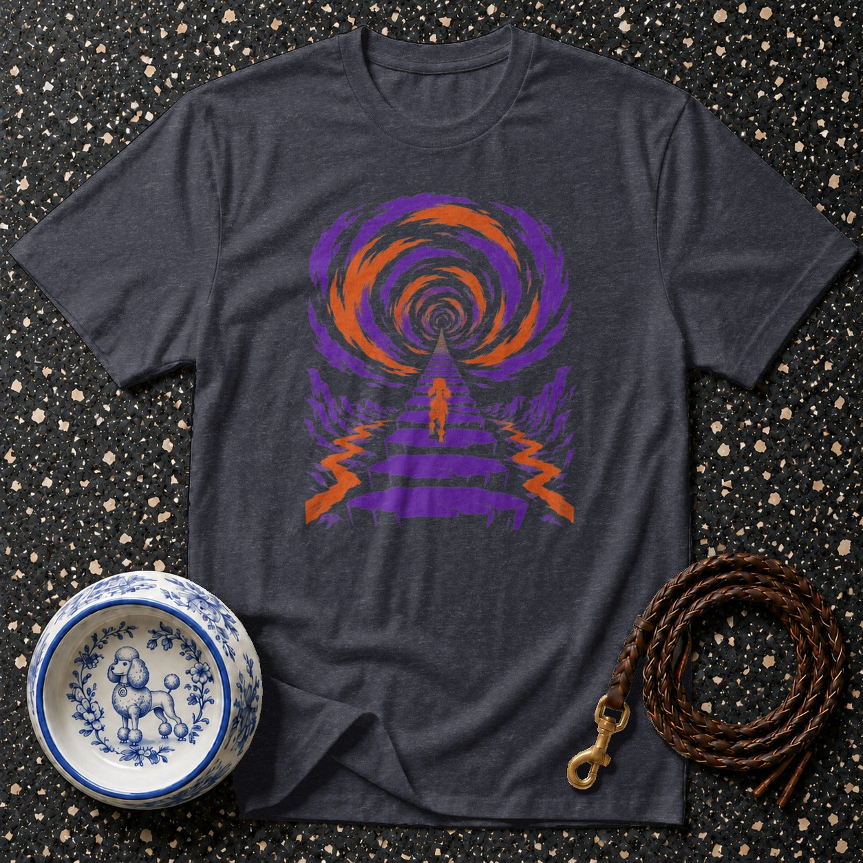 Dark t-shirt with purple and orange swirling portal graphic and a figure walking away.