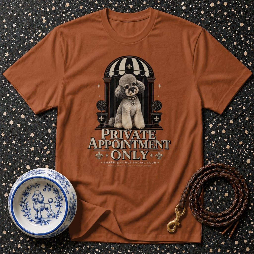 T-shirt with poodle graphic and "Private Appointment Only" text.