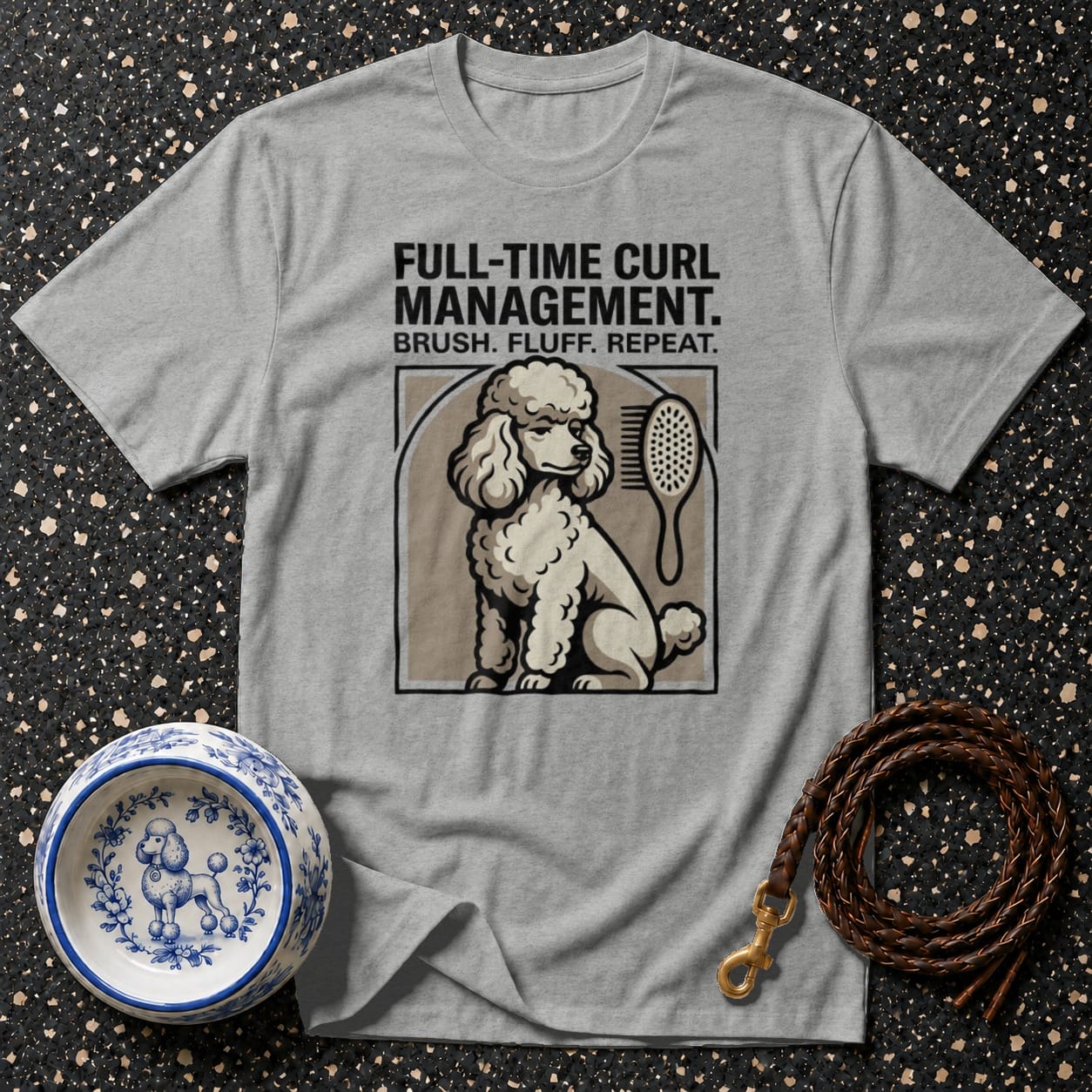 Grey t-shirt with a poodle grooming design and text "FULL-TIME CURL MANAGEMENT."