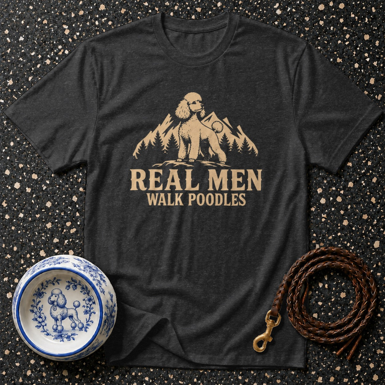 Dark grey t-shirt with a poodle design and "REAL MEN WALK POODLES" text.