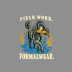 Black poodle carrying a yellow dummy through water with text "Field Work. Formalwear."