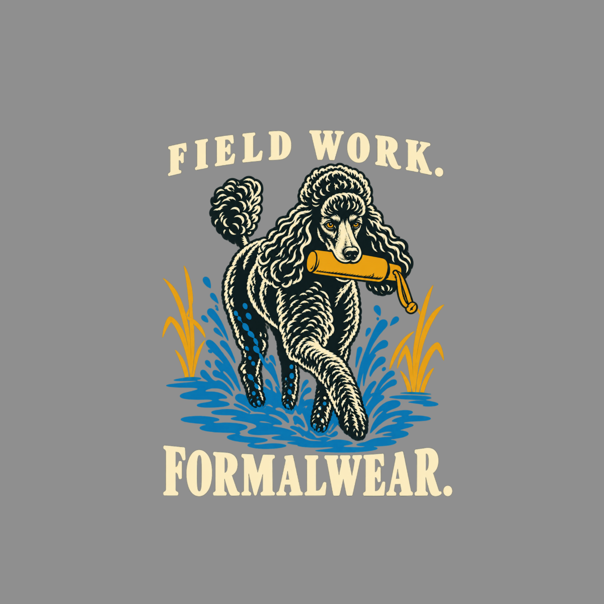 Black poodle carrying a yellow dummy through water with text "Field Work. Formalwear."