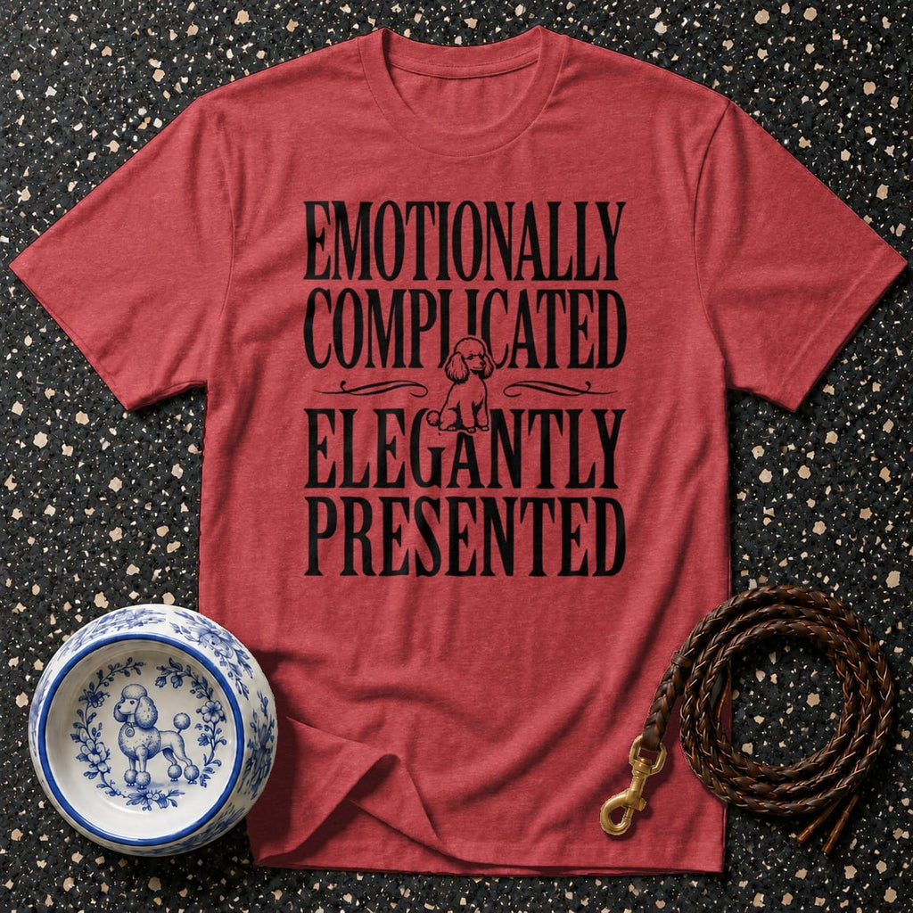 Red t-shirt with black text "Emotionally Complicated Elegantly Presented" and poodle art.
