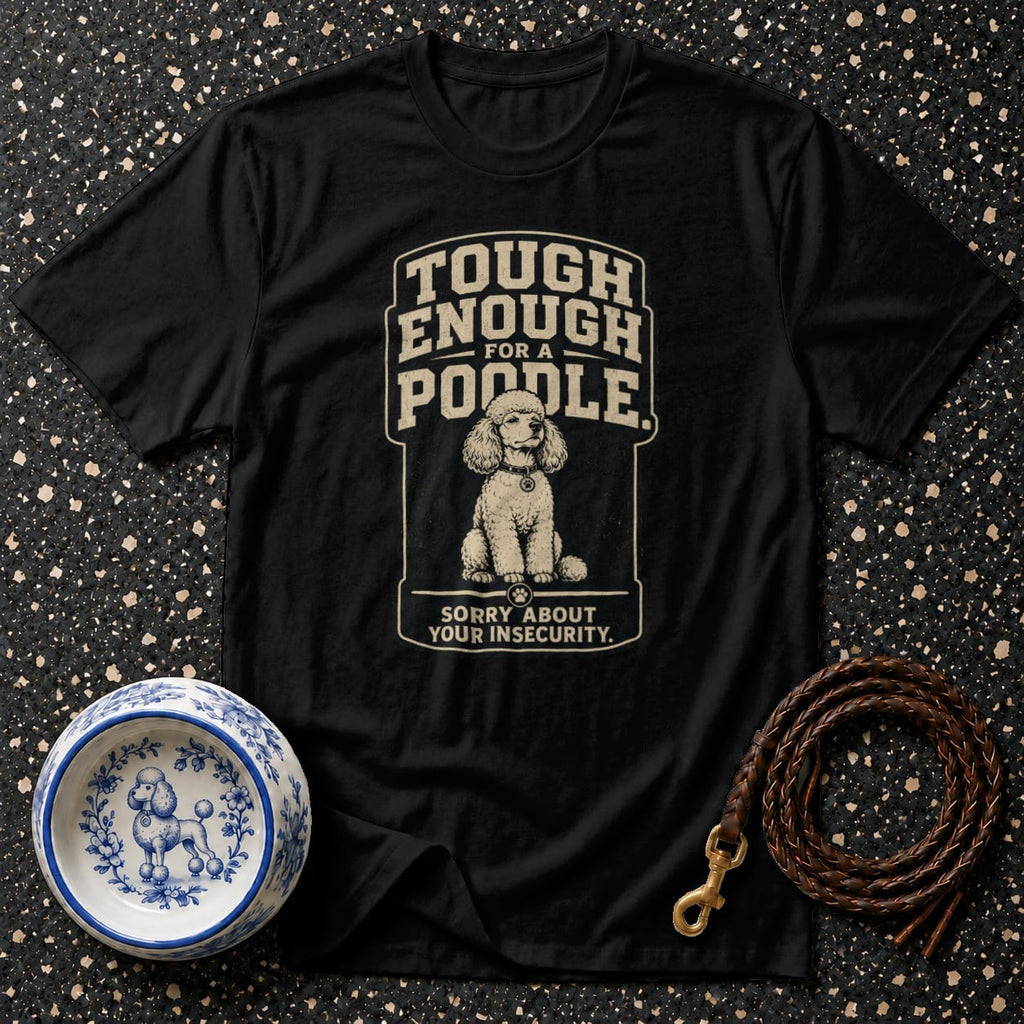Black t-shirt with "Tough Enough For A Poodle" graphic and sitting poodle illustration.