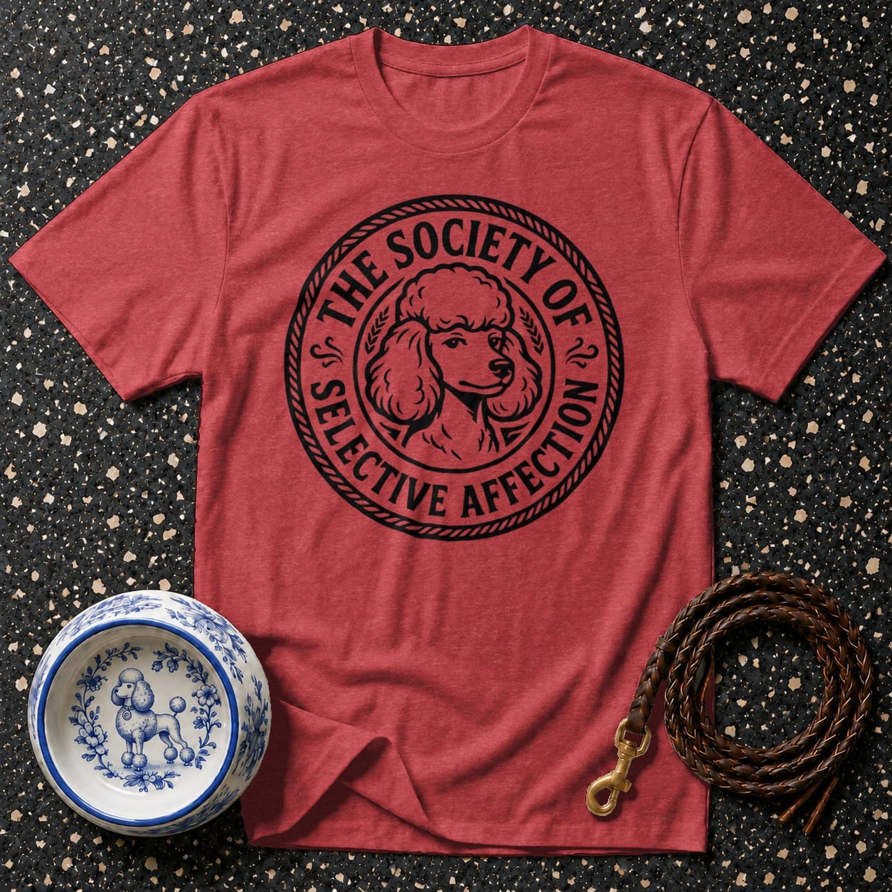Red t-shirt with a black poodle graphic and text for "The Society of Selective Affection."