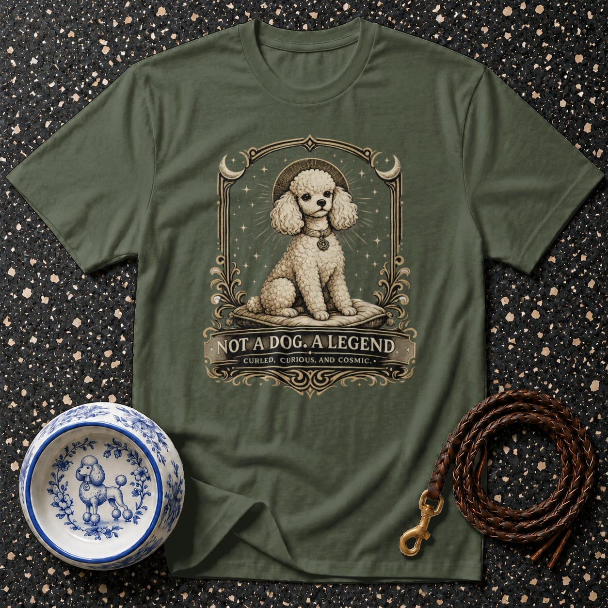 Green t-shirt featuring a poodle illustration and "NOT A DOG. A LEGEND." text.