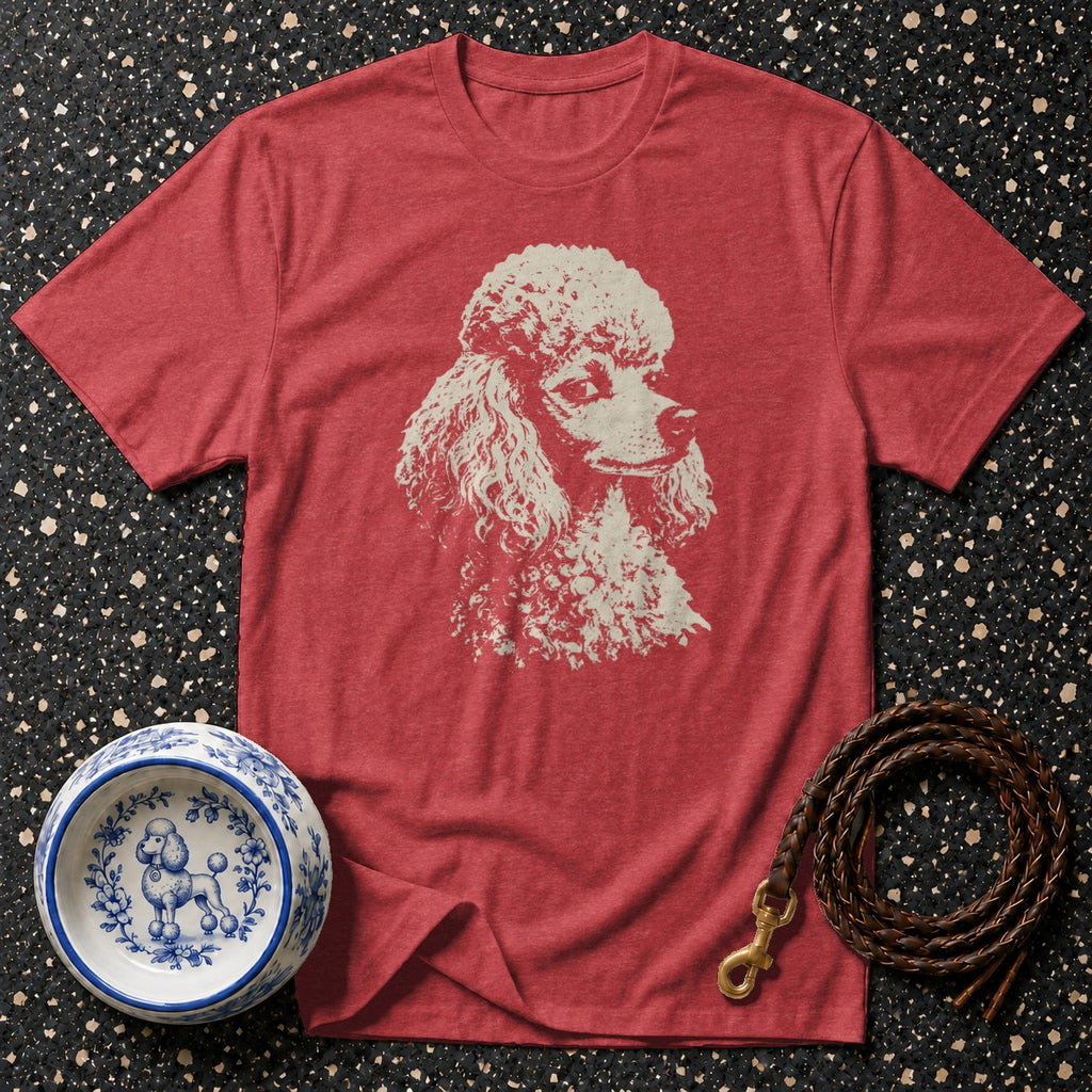 Red t-shirt with cream poodle graphic, dog bowl, and leash.