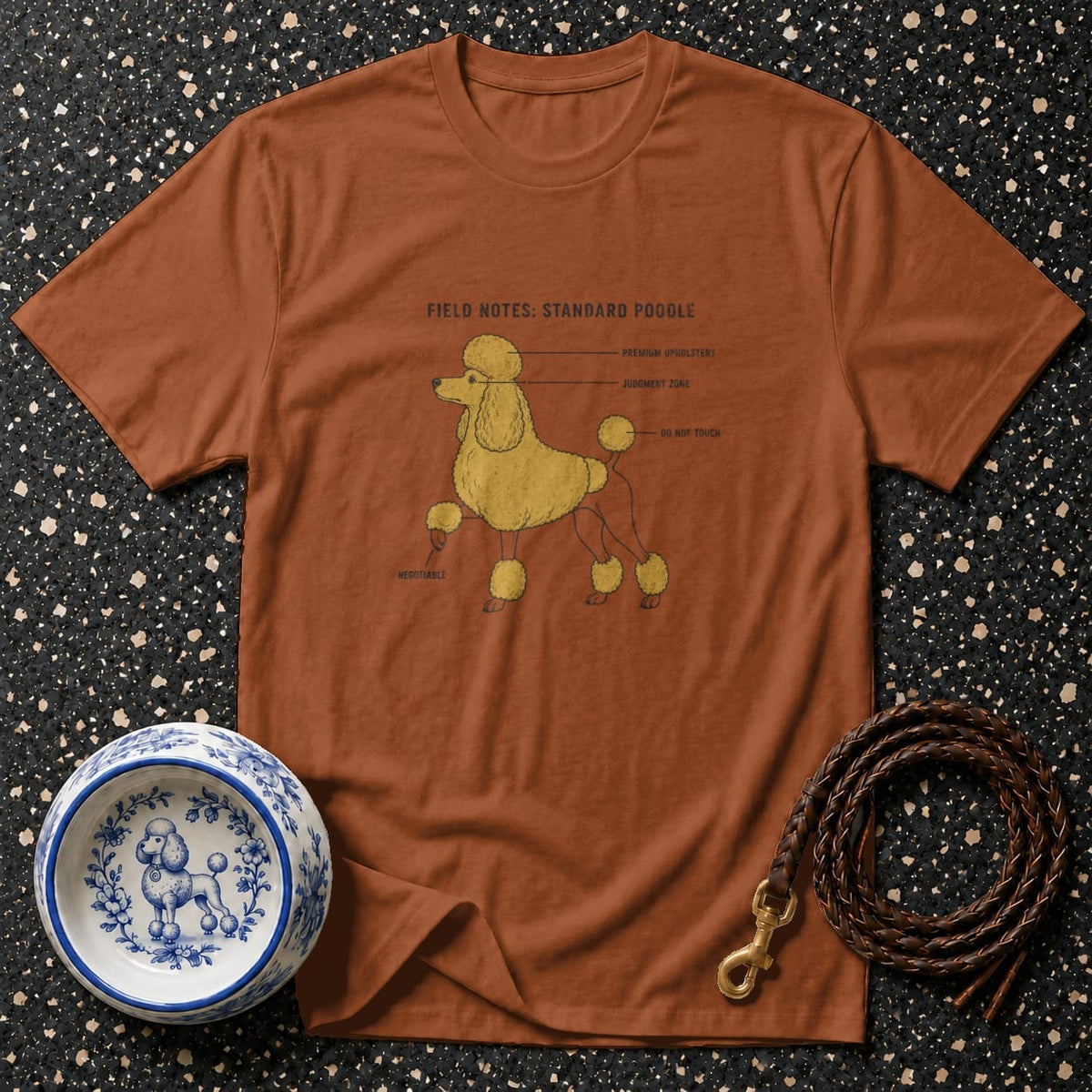 Brown t-shirt with a diagram of a standard poodle labeled "Field Notes."