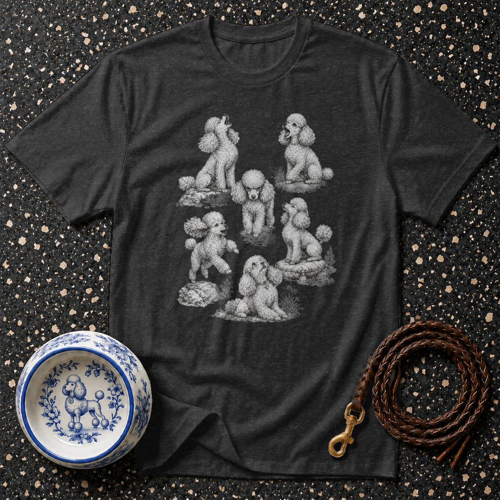 Dark grey t-shirt featuring a charcoal sketch of seven playful poodles in various poses.
