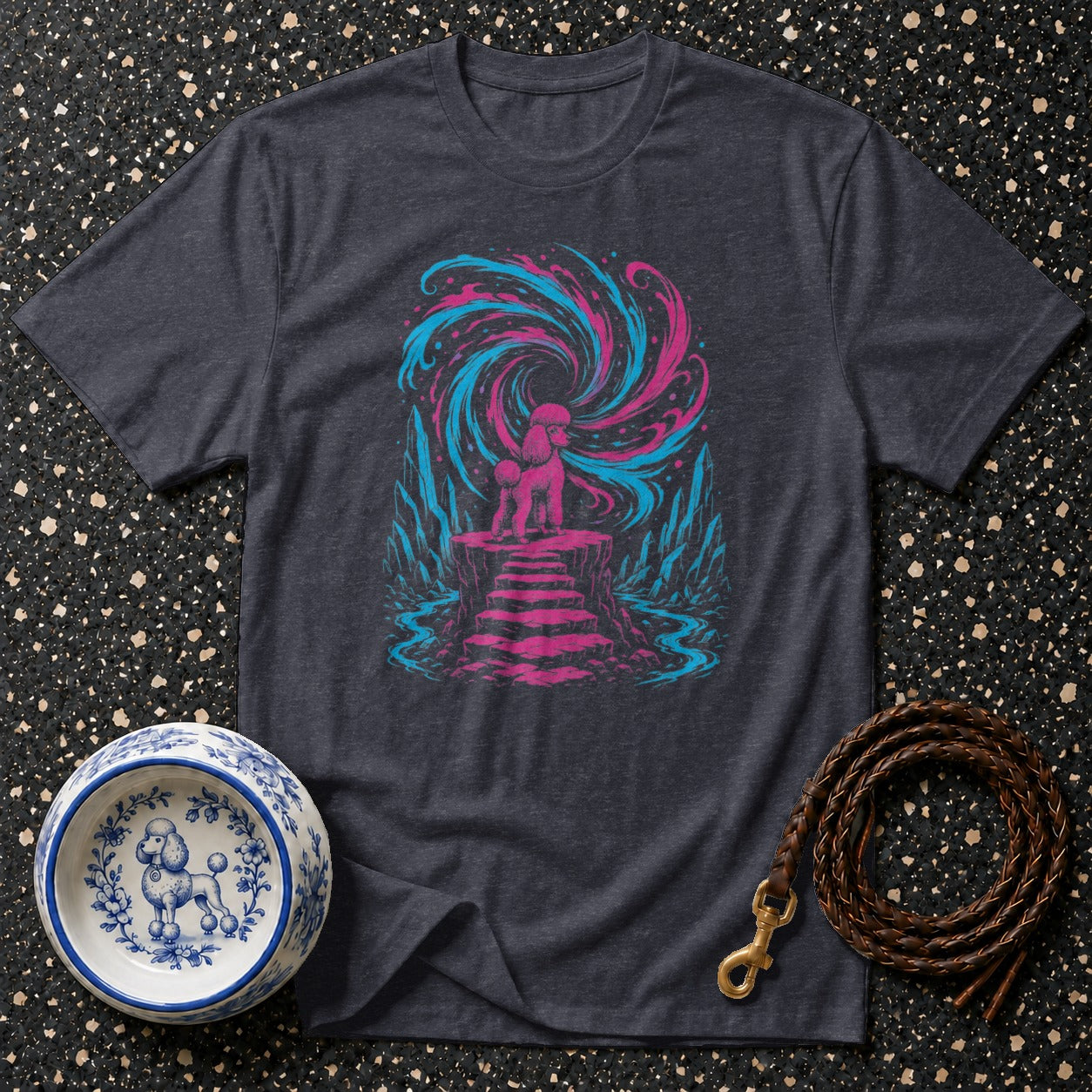 Dark grey t-shirt with a poodle on a platform surrounded by a swirling vortex.