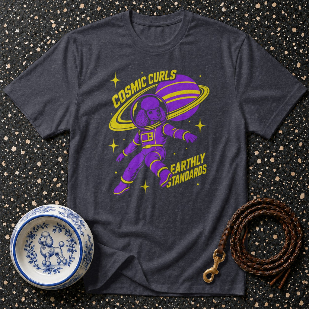 T-shirt with purple poodle astronaut graphic and "Cosmic Curls" text.