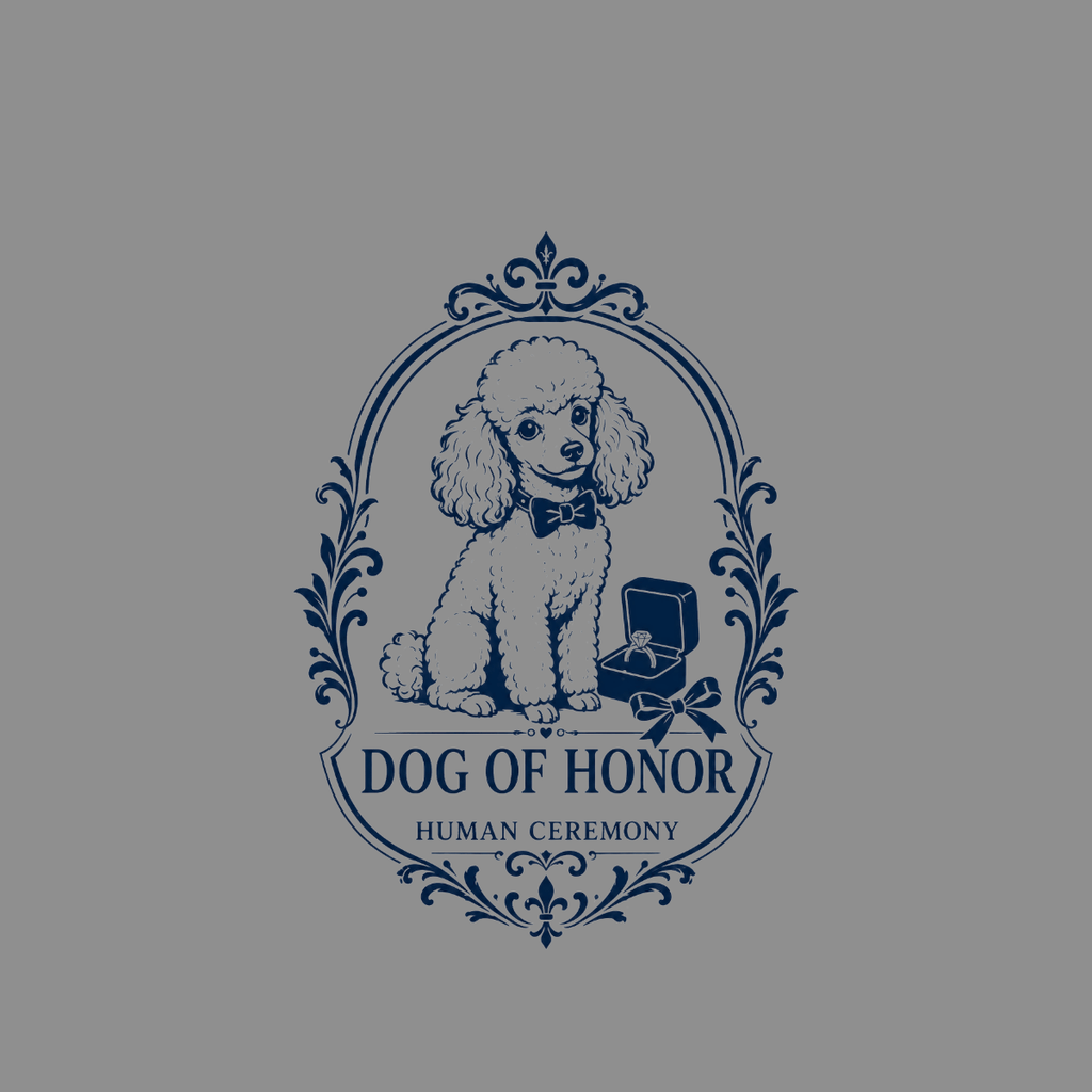 Illustration of a poodle in a decorative frame with a ring box.
