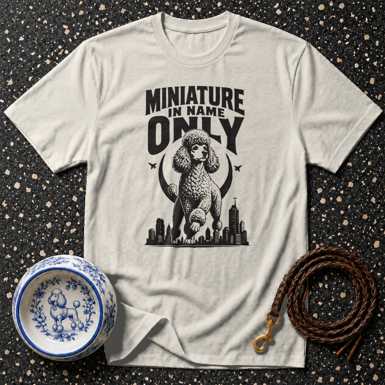 T-shirt with "MINIATURE IN NAME ONLY" and a poodle graphic.