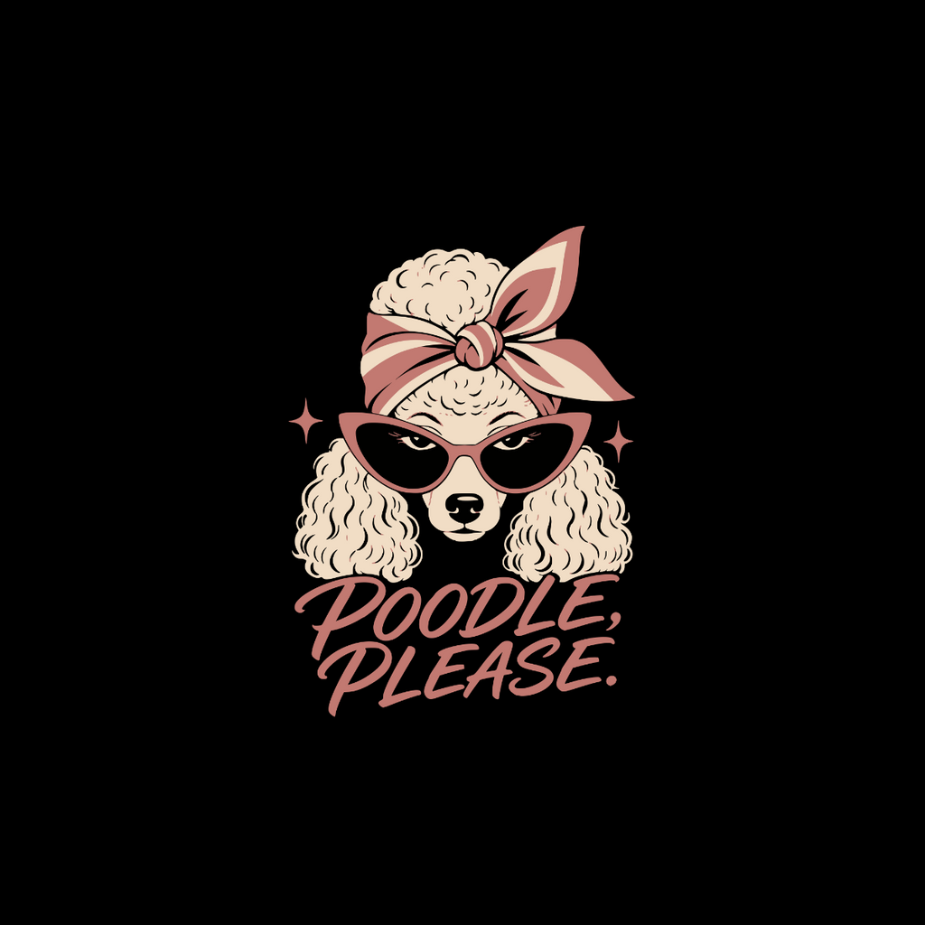 Illustration of a poodle wearing sunglasses and a bandana with text "Poodle, Please."