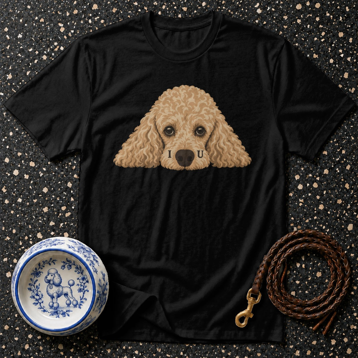 Black t-shirt with a light brown poodle design and text "I U".