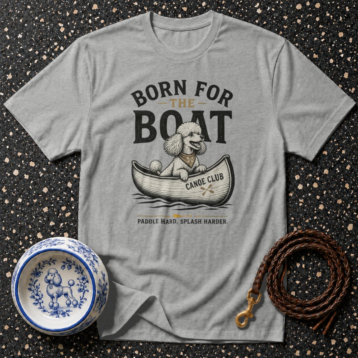 Gray t-shirt with "Born for the Boat" design featuring a poodle in a canoe.