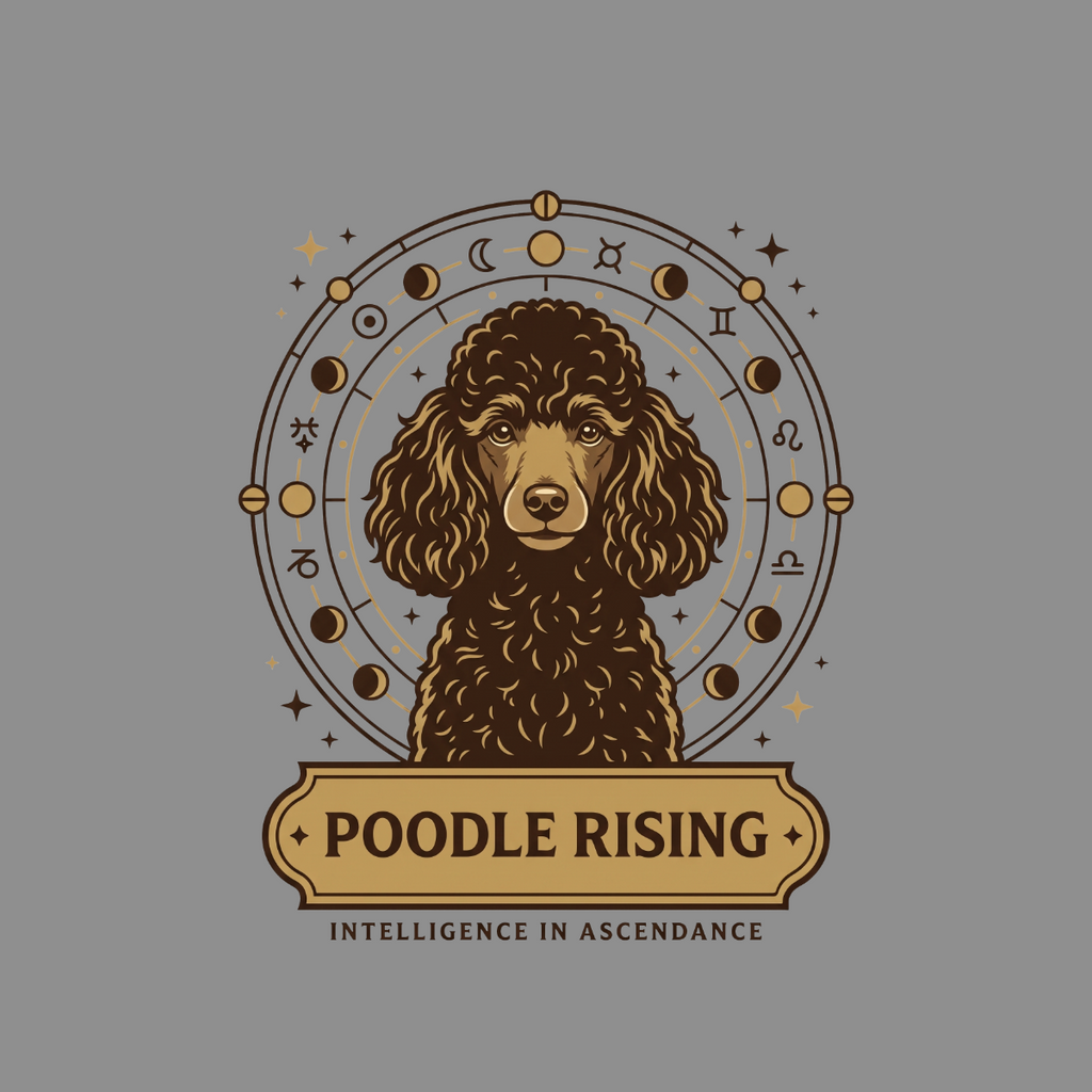 Brown poodle centered within a celestial circle with astrological symbols and text.