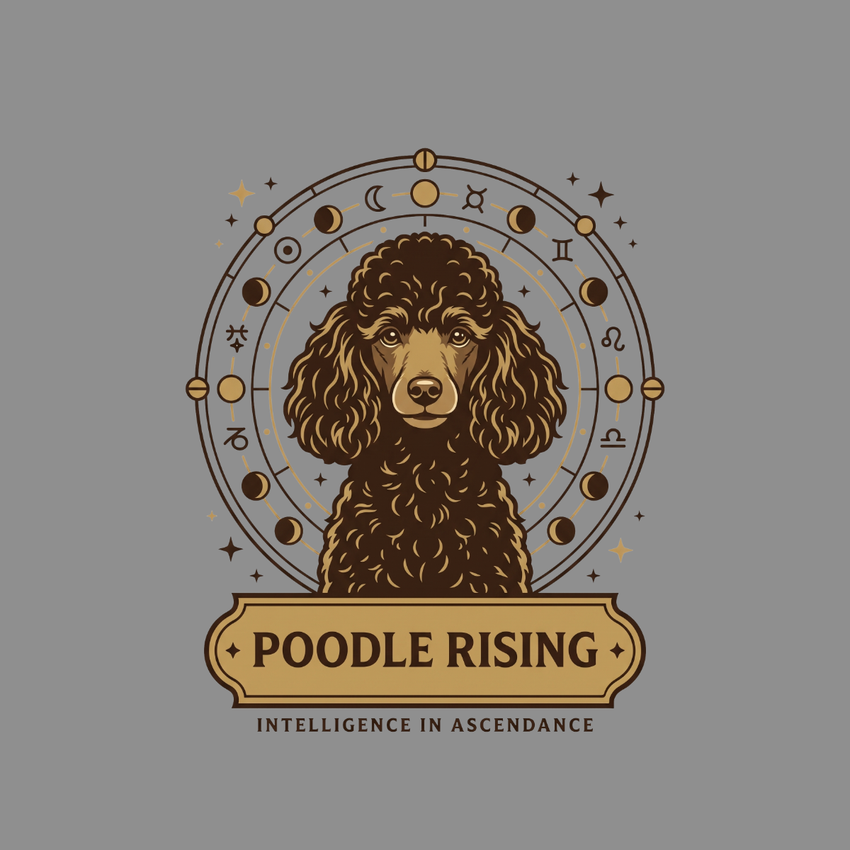 Brown poodle centered within a celestial circle with astrological symbols and text.