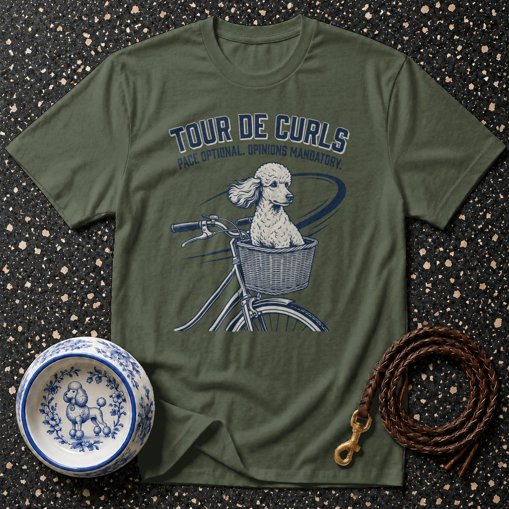 Green t-shirt with poodle in bicycle basket and text "Tour de Curls."