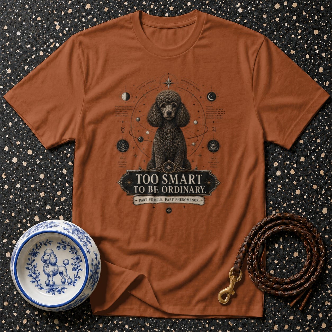Brown t-shirt with a poodle graphic and text "TOO SMART TO BE ORDINARY."
