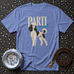 Blue t-shirt with "Parti, Not Party" text and a poodle graphic.