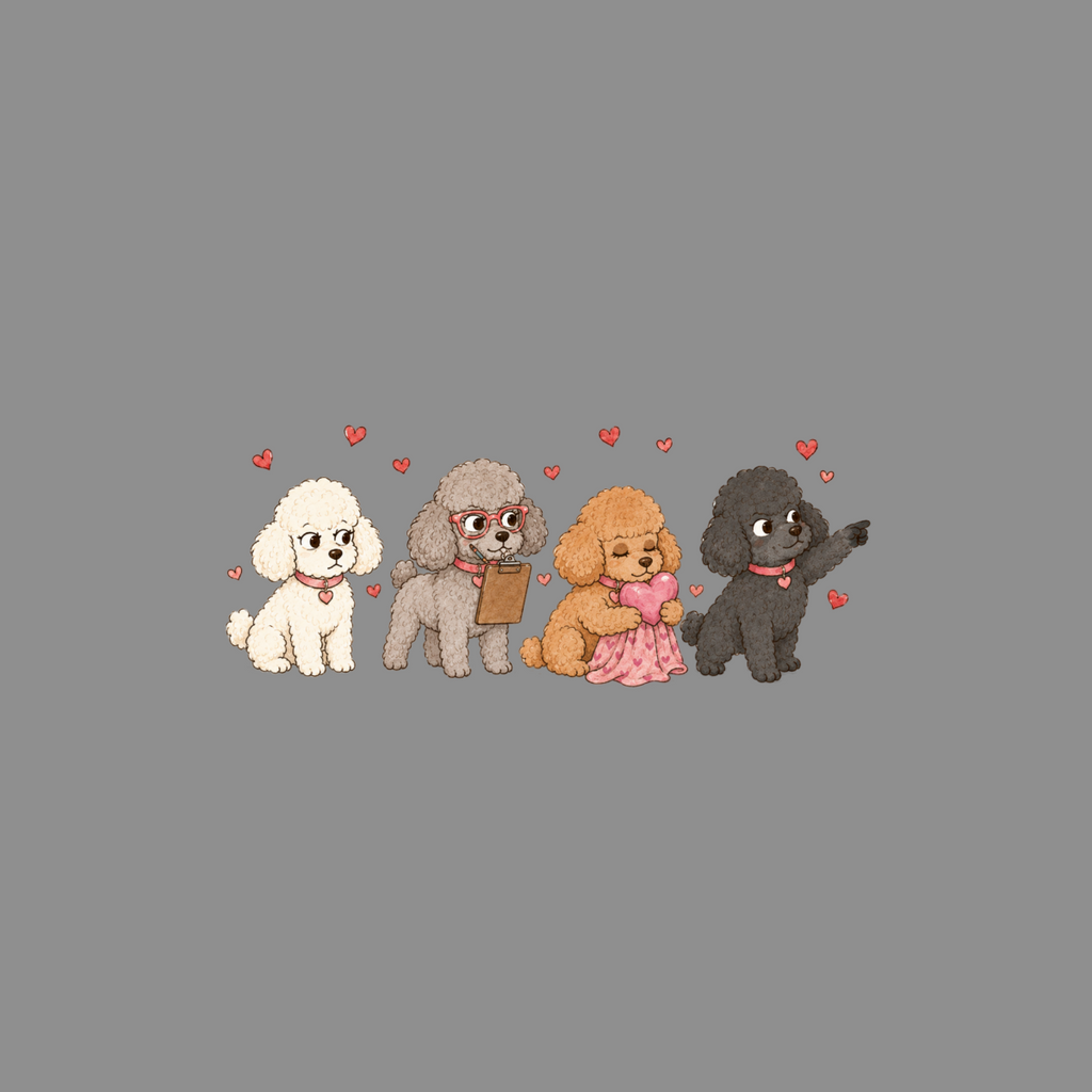 Four cartoon poodles, one white, one gray with glasses, one brown holding a heart, one black pointing.