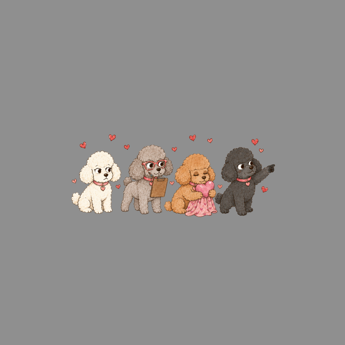 Four cartoon poodles, one white, one gray with glasses, one brown holding a heart, one black pointing.