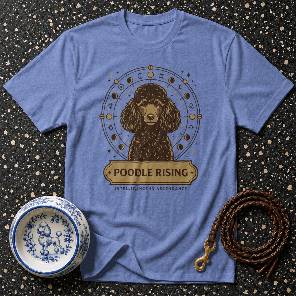 Blue t-shirt with a brown poodle design and celestial symbols, reading "POODLE RISING".