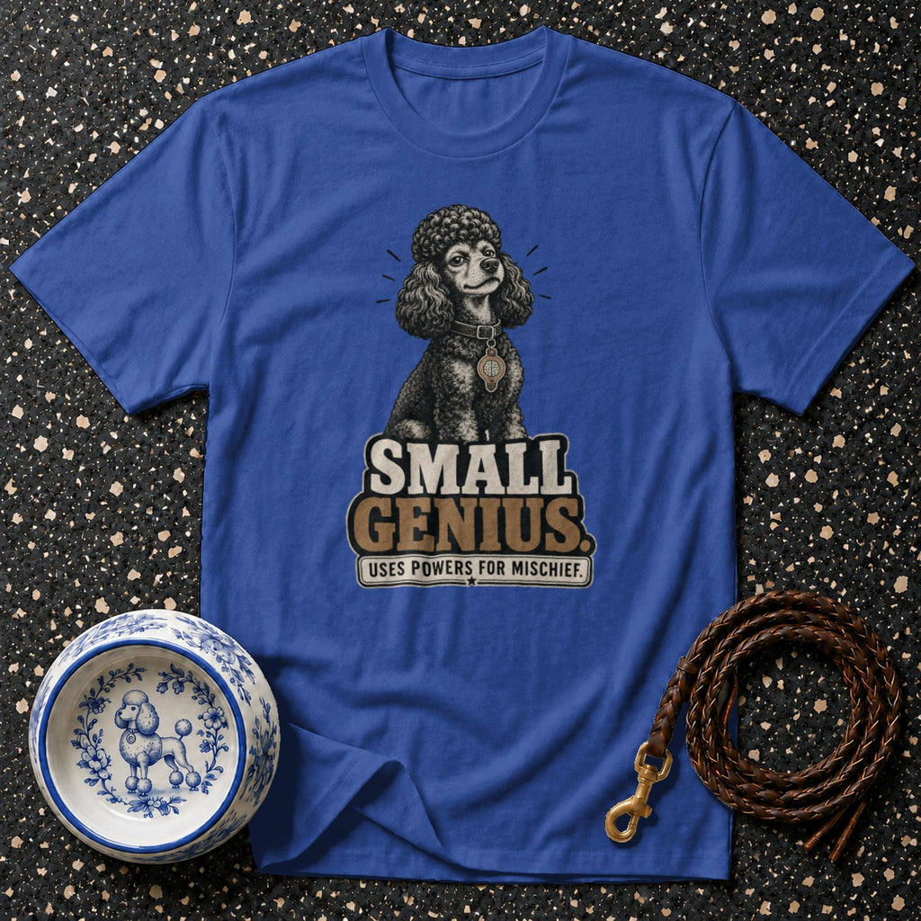 Blue t-shirt with illustration of a poodle and text "Small Genius Uses Powers For Mischief".