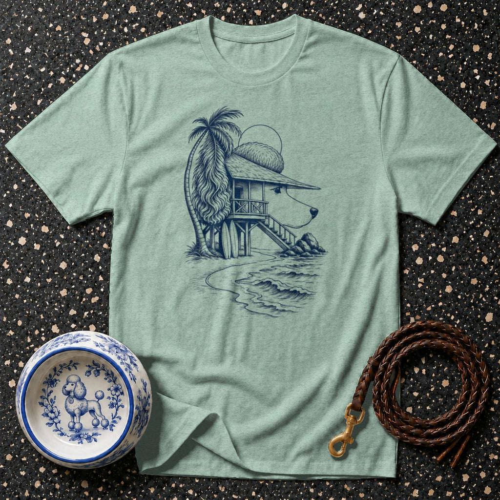 T-shirt with a line drawing of a dog's head as a beach house with a palm tree.