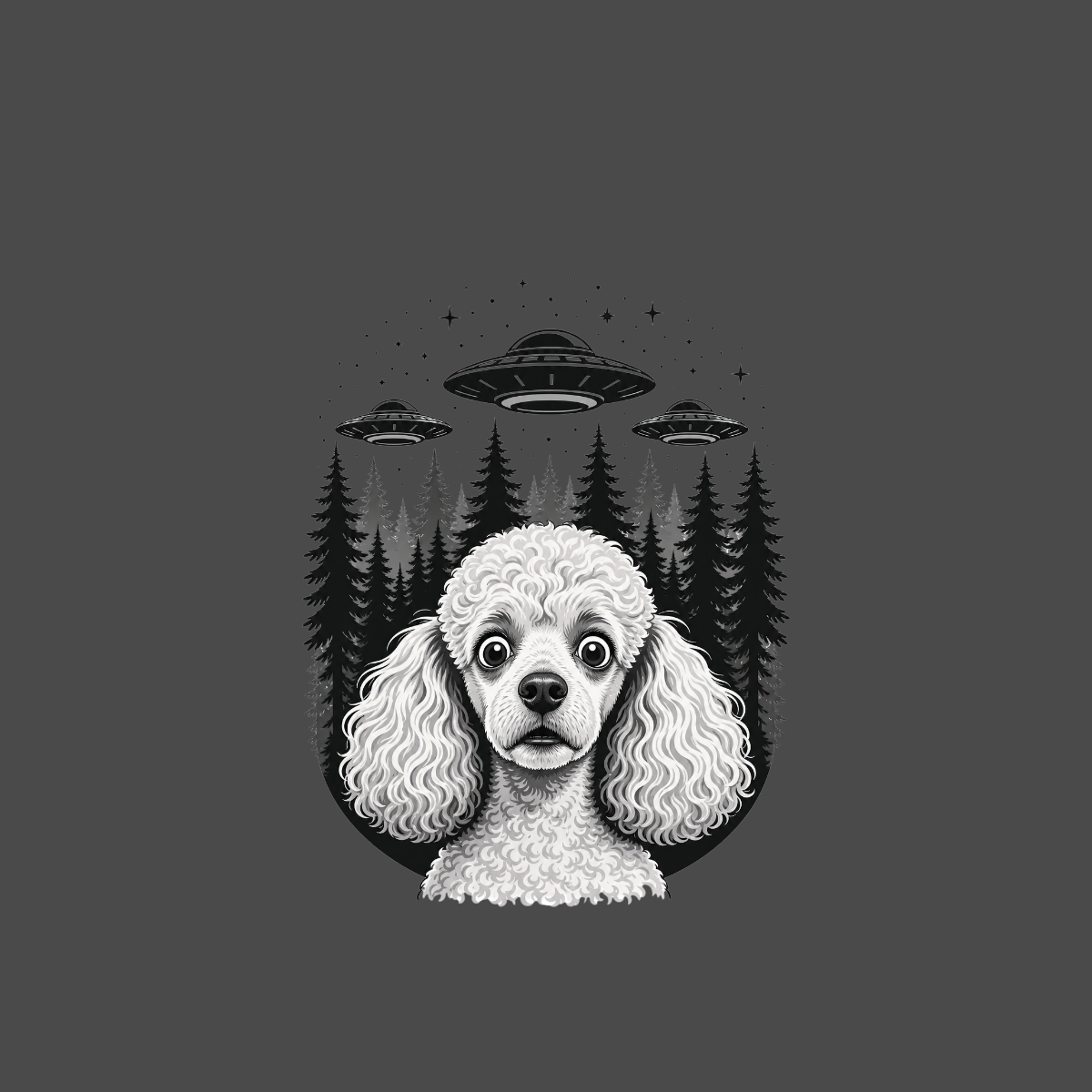 White poodle with surprised expression in front of spooky forest with three alien UFOs.