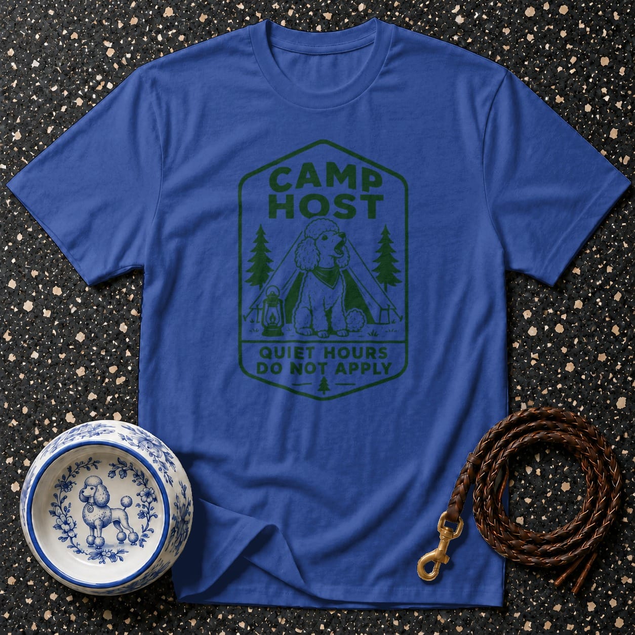 Blue t-shirt with green "Camp Host" graphic featuring a poodle, tent, and lantern.