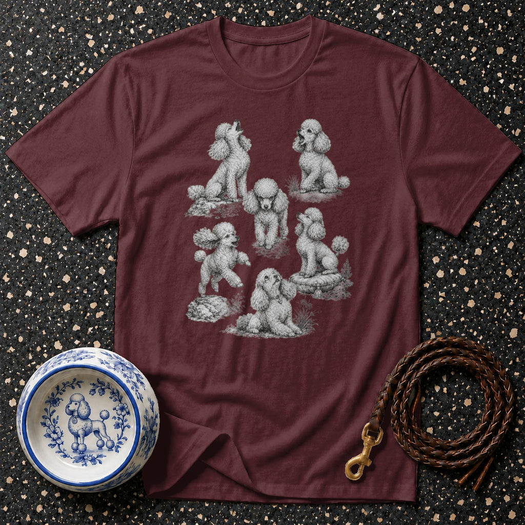 Maroon t-shirt with multiple poodle sketches and a decorative poodle bowl.