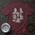 Maroon t-shirt with multiple poodle sketches and a decorative poodle bowl.