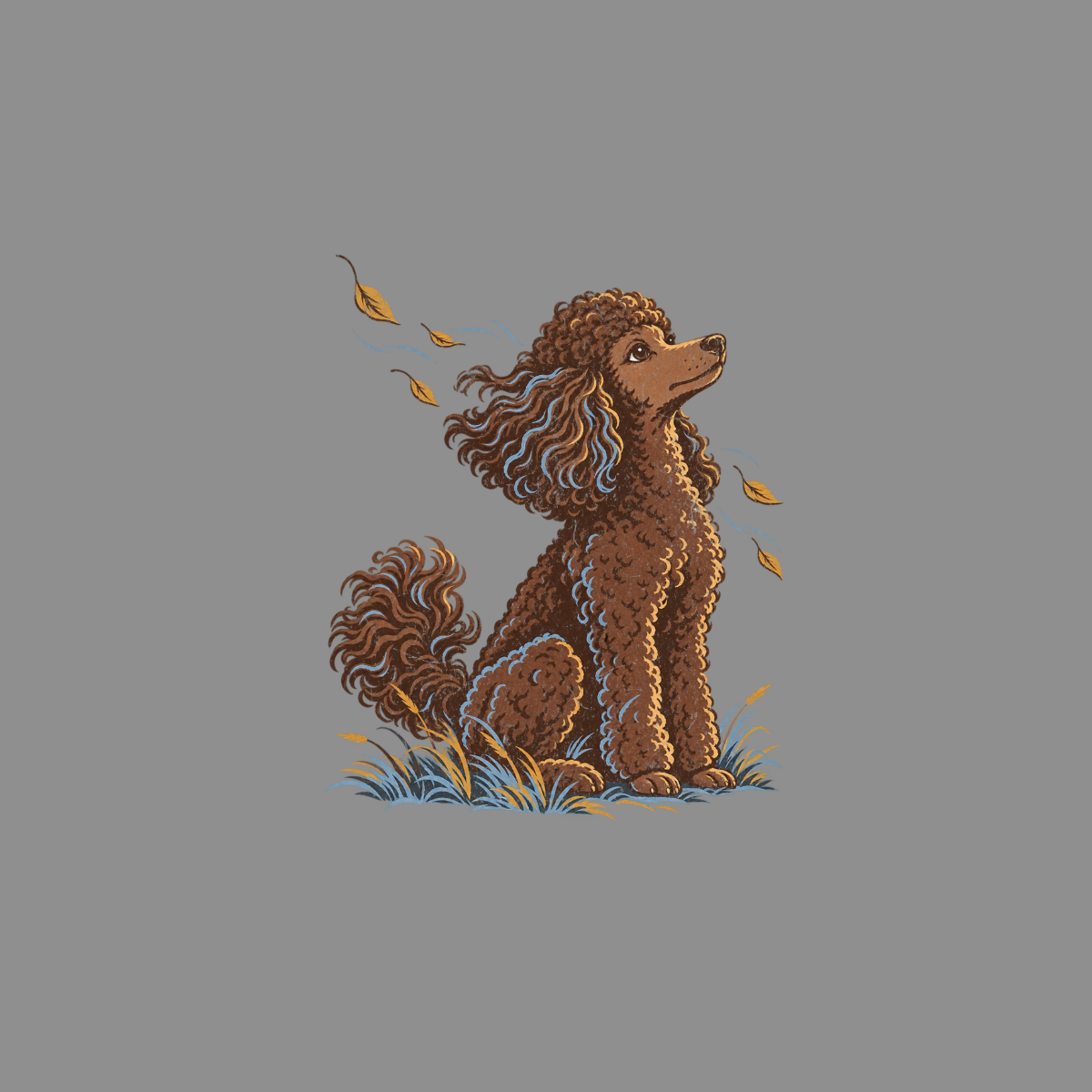 Illustration of a brown poodle sitting in grass with leaves blowing in the wind.