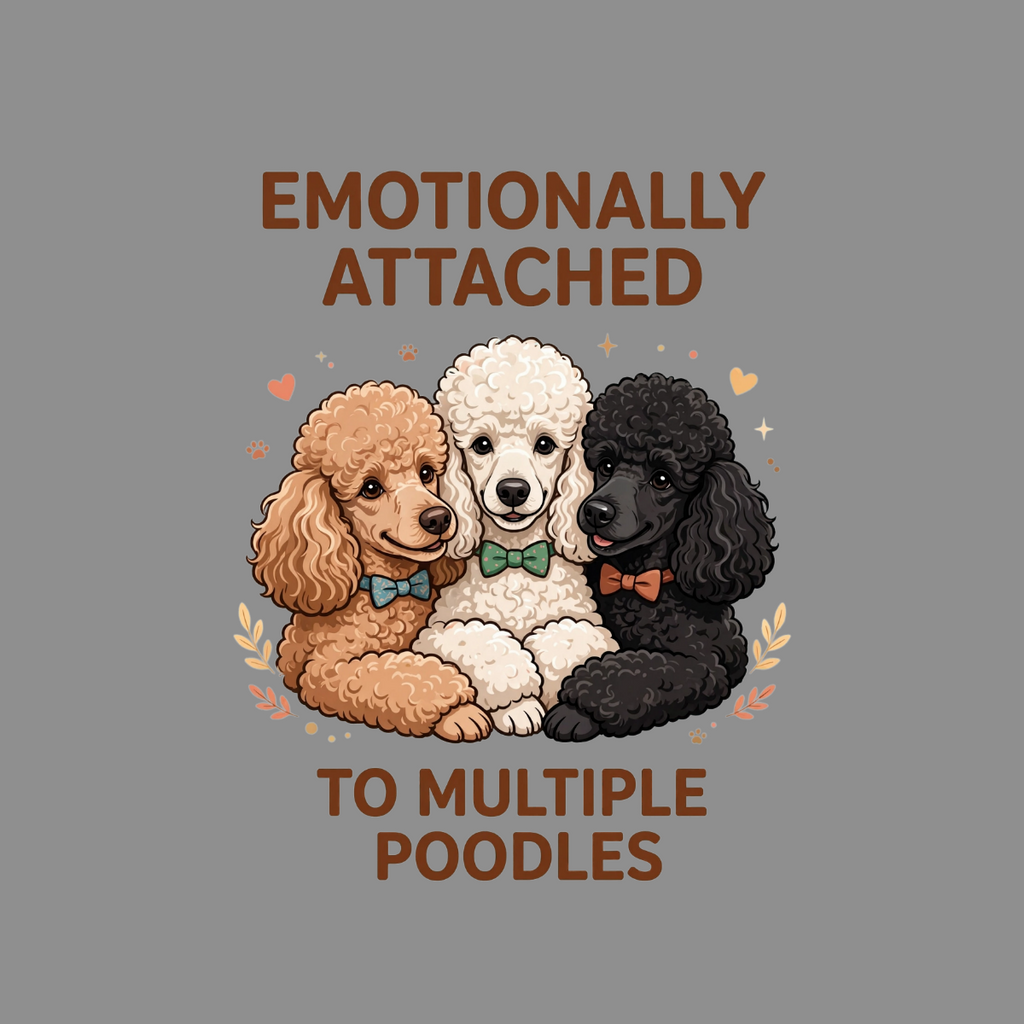 Three poodles with bow ties reading "Emotionally Attached to Multiple Poodles."