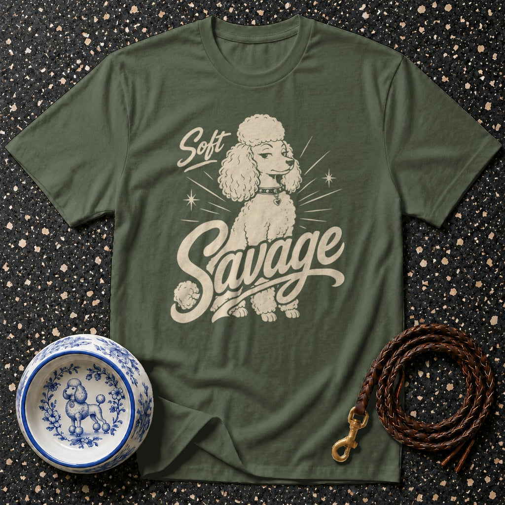 Green t-shirt with "Soft Savage" text and poodle graphic, dog bowl, and leash.