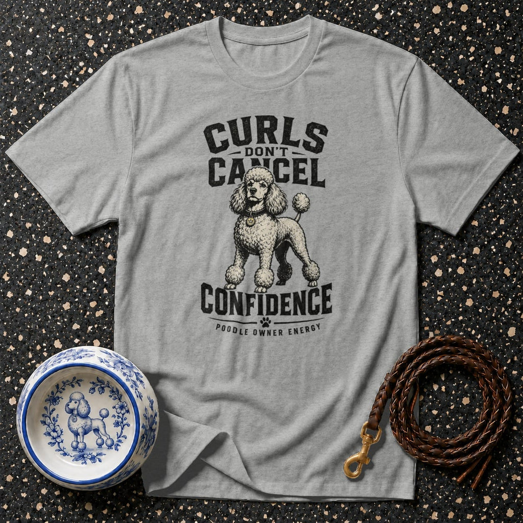 Gray t-shirt with poodle graphic and text "Curls Don't Cancel Confidence"