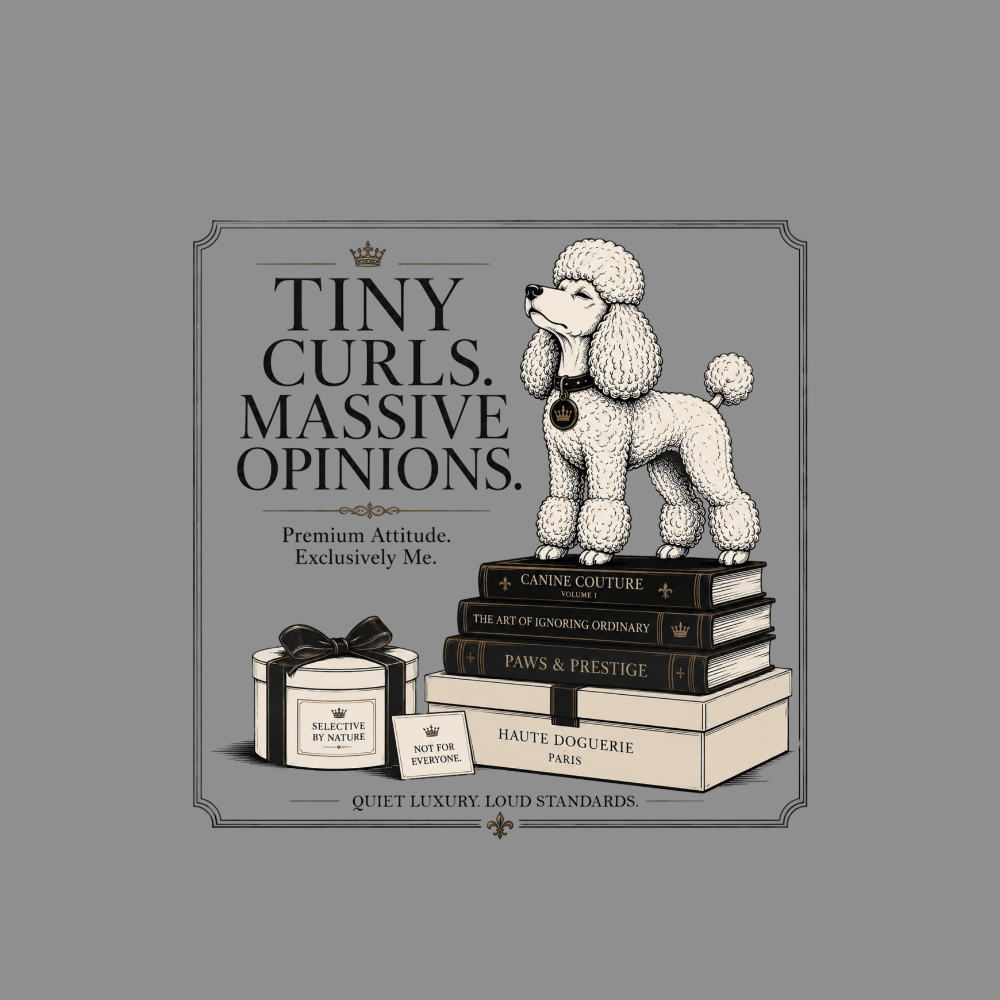 Poodle on books with text "Tiny Curls. Massive Opinions." and "Quiet Luxury. Loud Standards."