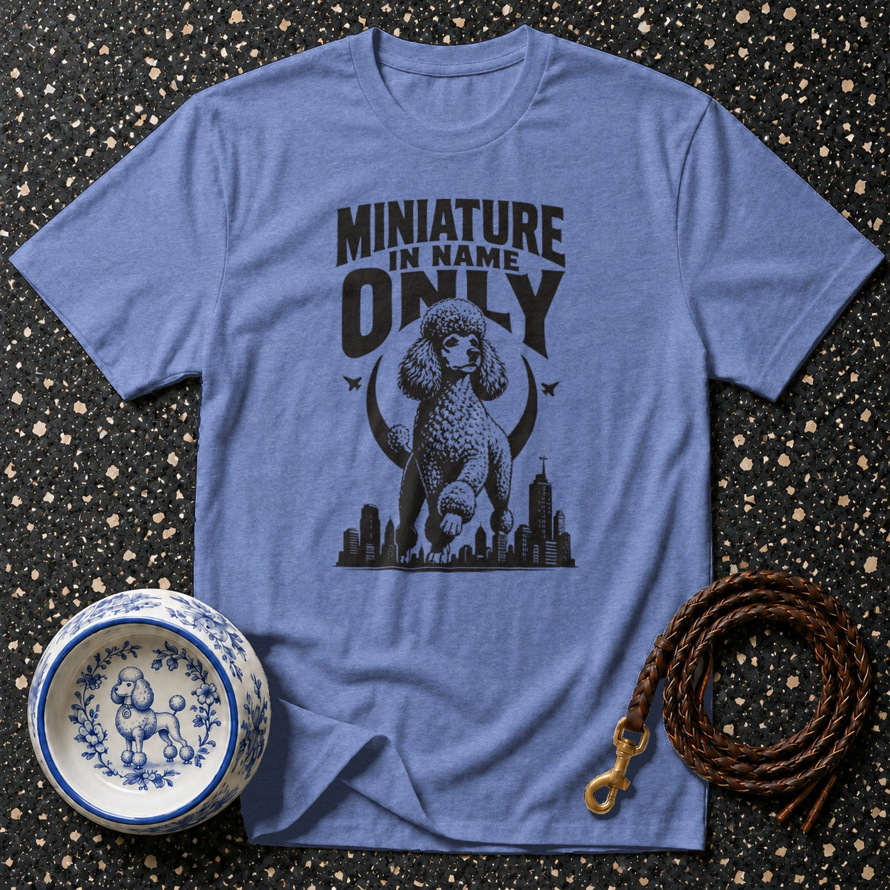 Blue t-shirt with poodle graphic and text "MINIATURE IN NAME ONLY".