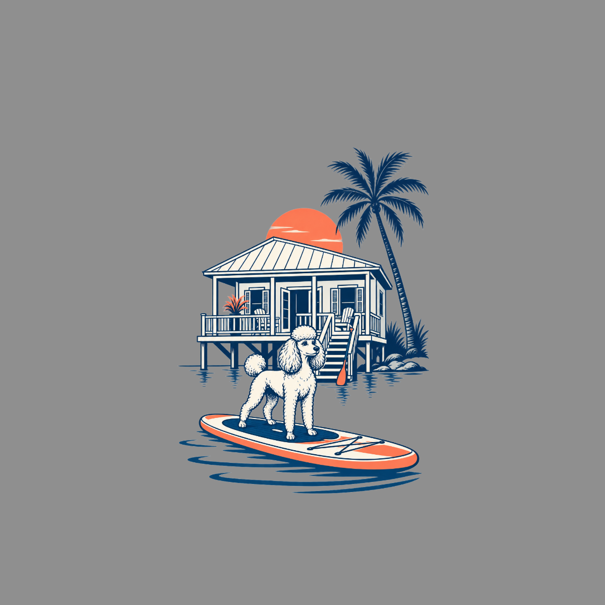 White poodle stands on surfboard in front of stilted beach house at sunset.