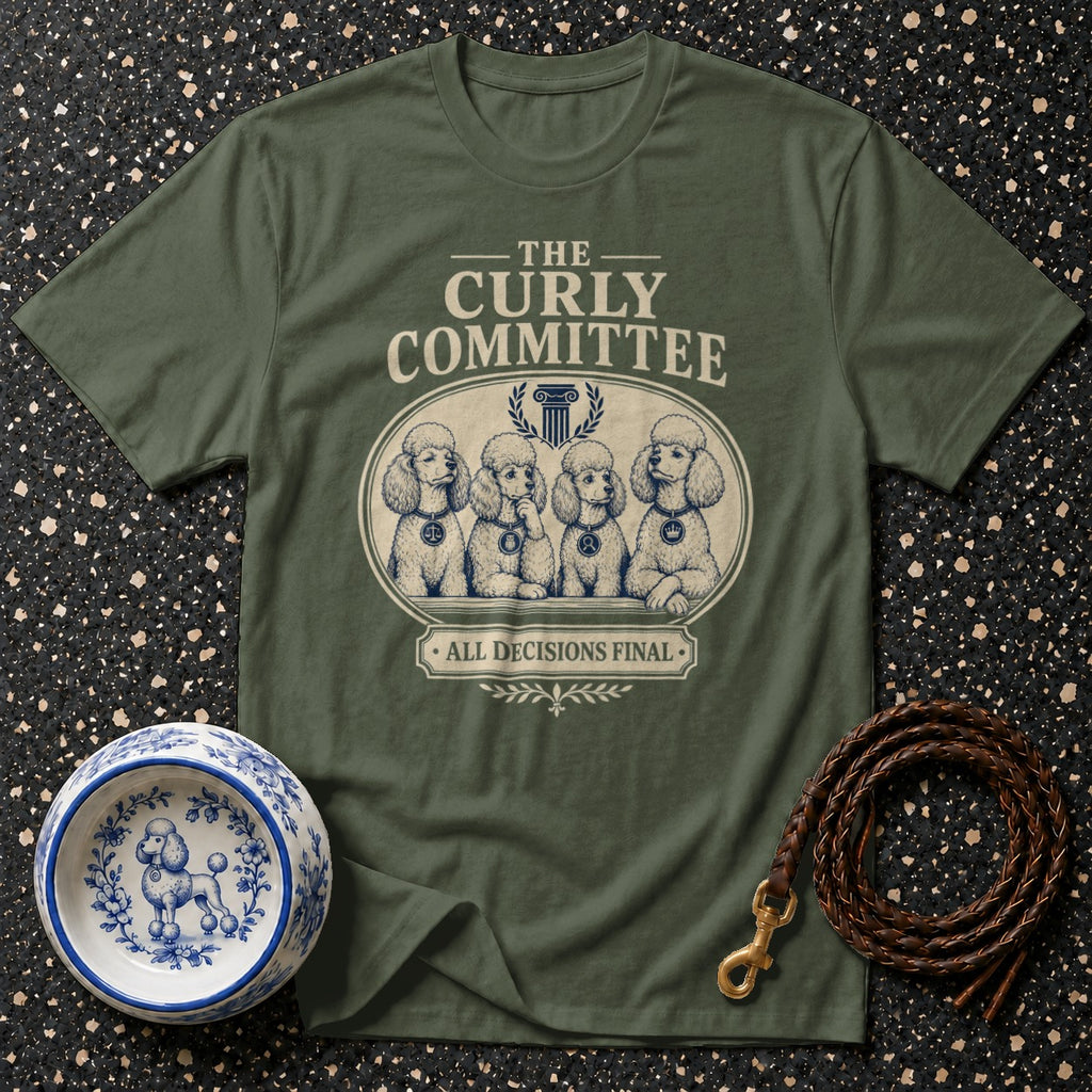 Olive green t-shirt with "The Curly Committee" text and four poodles.