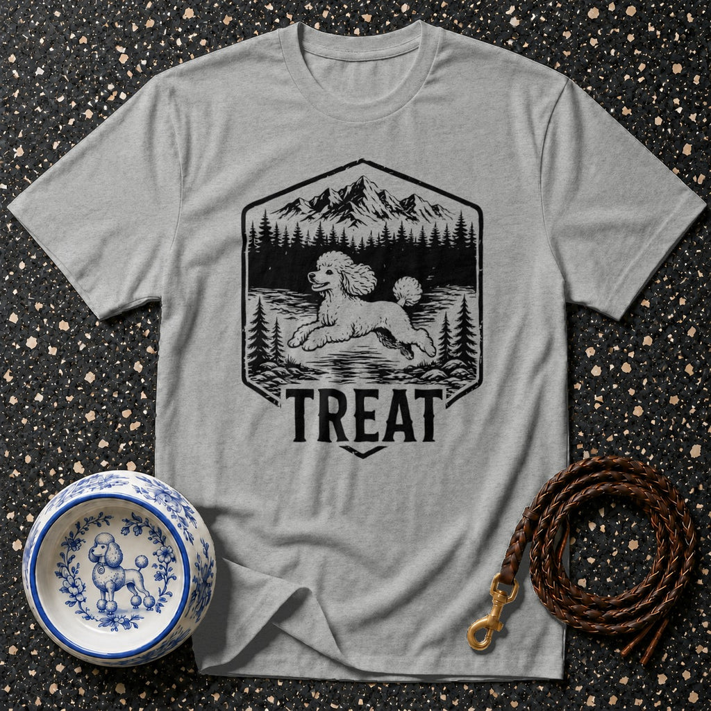 Gray t-shirt with poodle running in mountains graphic and the word "TREAT"