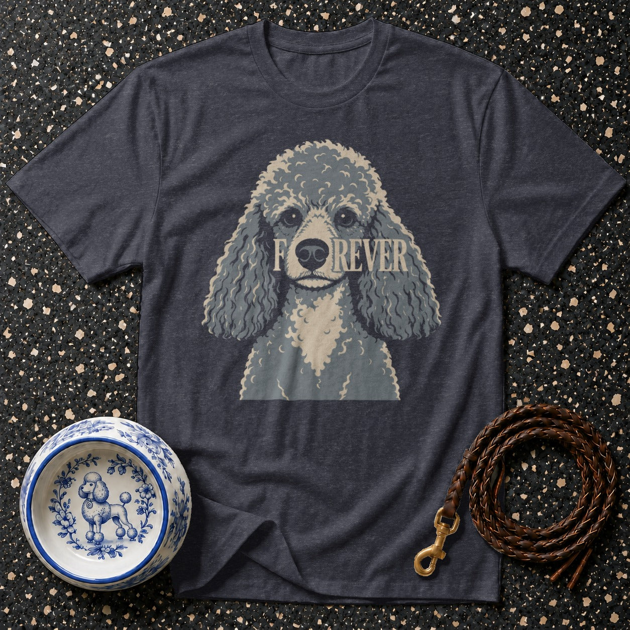 Dark grey t-shirt with grey poodle graphic and "FOREVER" text.