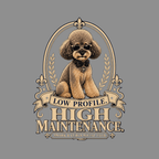 Poodle wearing sunglasses and bow tie with "Low Profile. High Maintenance." text.