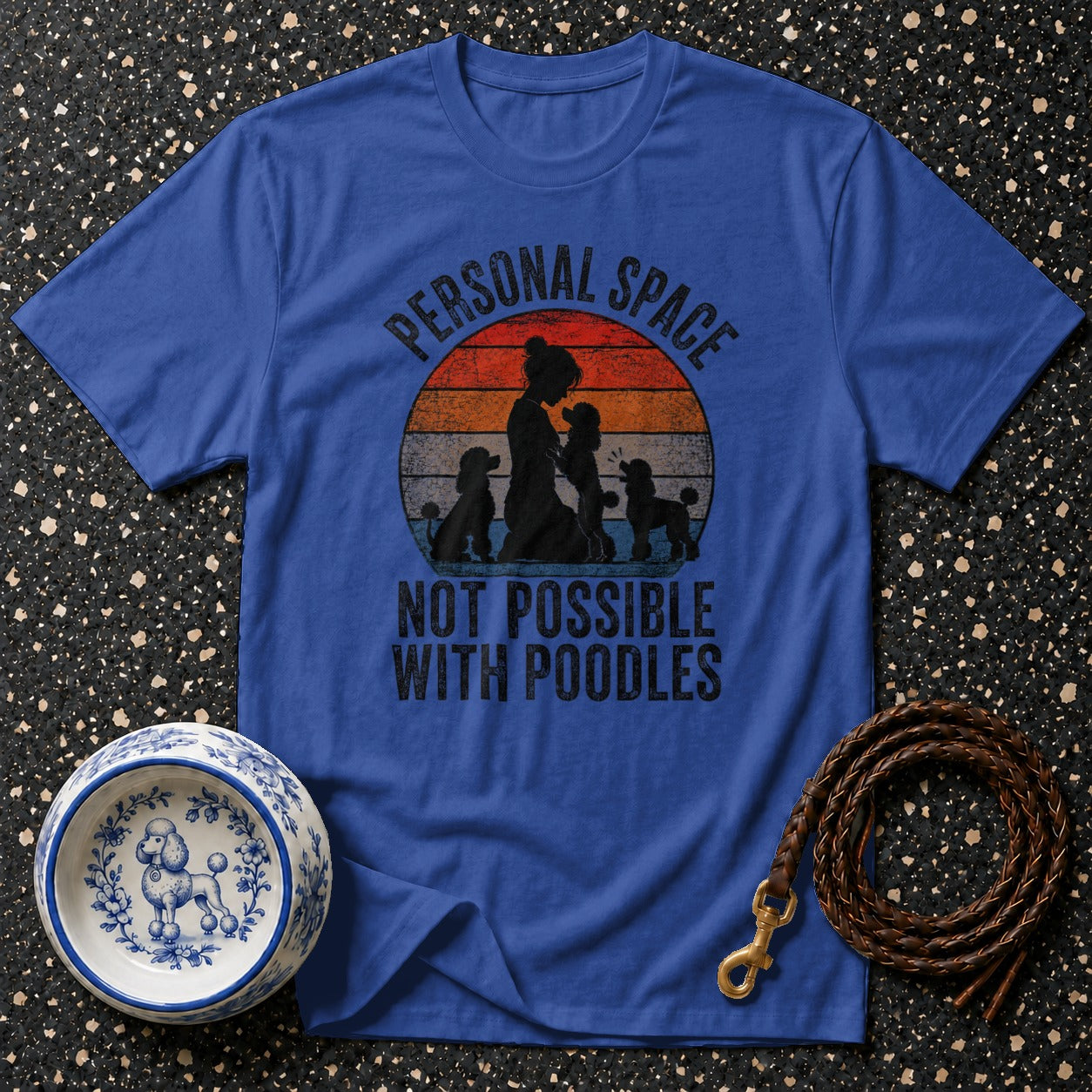 Blue t-shirt with "Personal Space Not Possible With Poodles" design and poodle silhouette.
