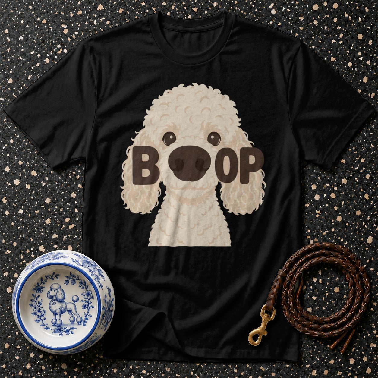 Black t-shirt with a cream poodle graphic and the word "BOOP".