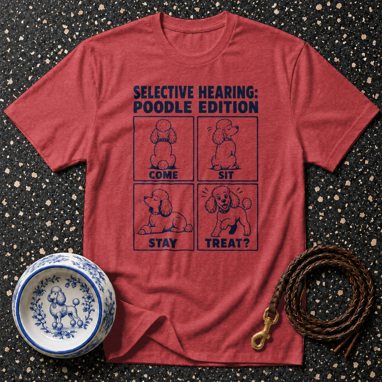 Red t-shirt with "Selective Hearing: Poodle Edition" and four poodle illustrations.