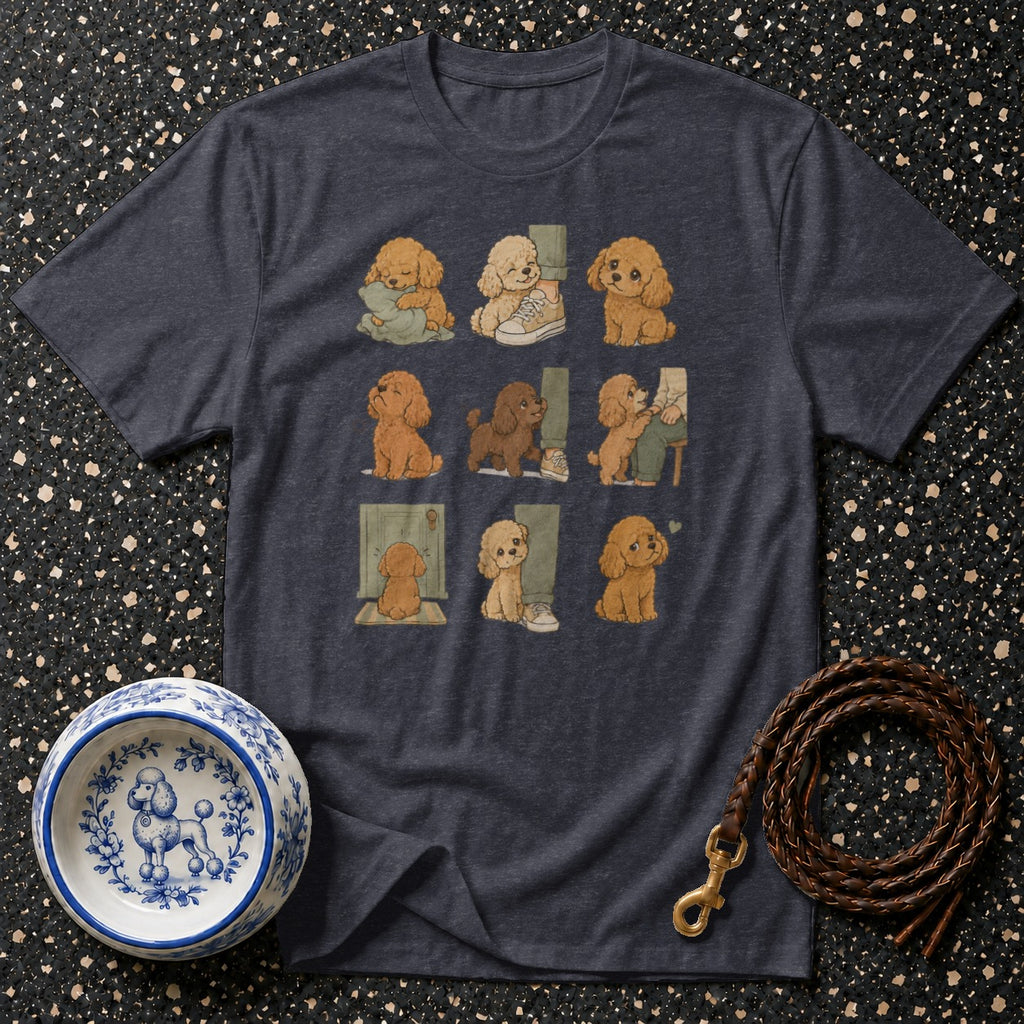 T-shirt with a nine-panel illustration of adorable poodles in various cute scenarios.